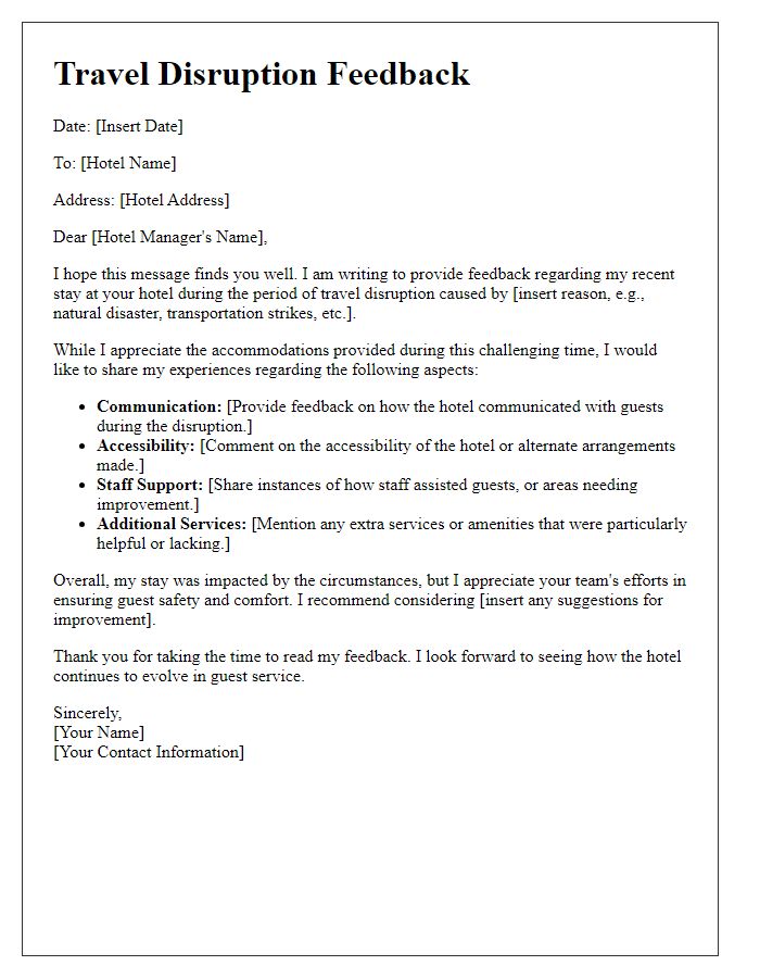 Letter template of travel disruption feedback for hotel accommodations.