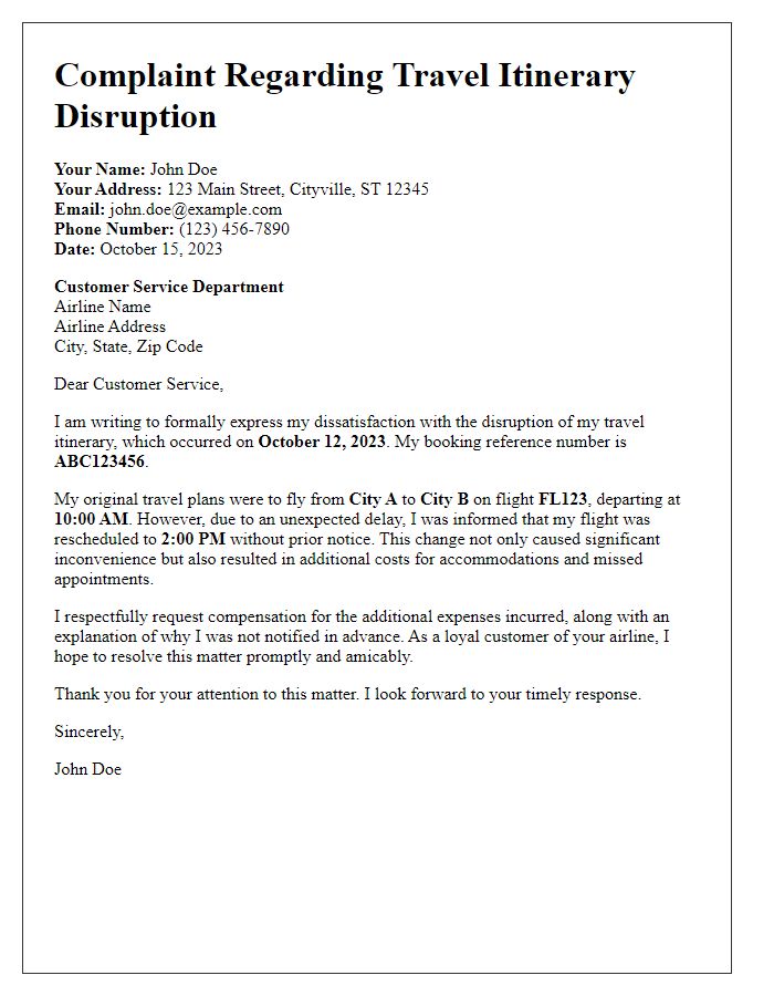 Letter template of travel itinerary disruption complaint to airline.