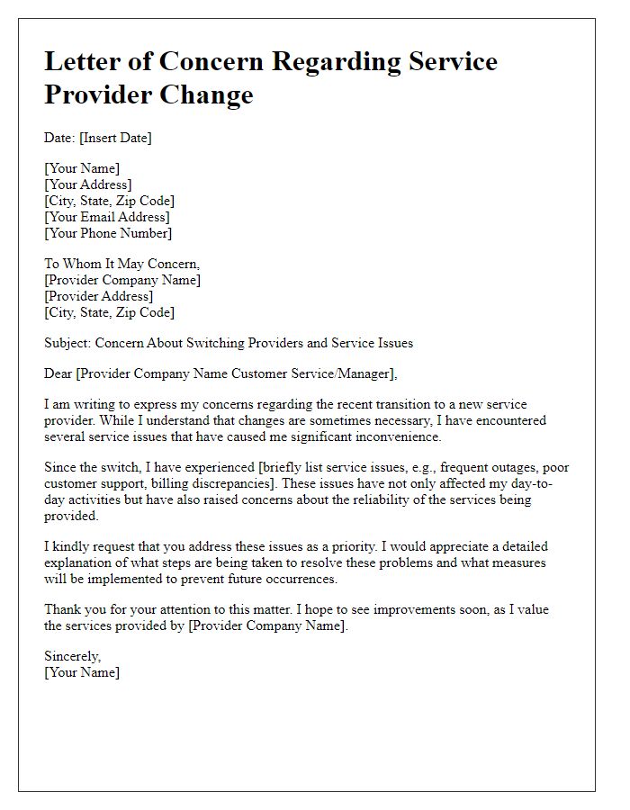 Letter template of concern about switching providers service issues