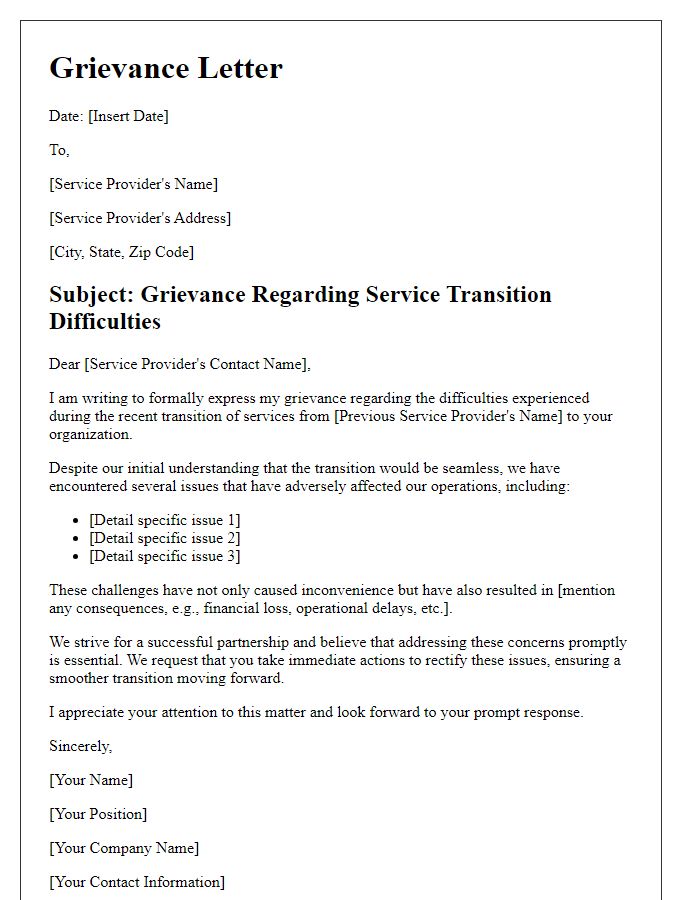 Letter template of grievance for service provider transition difficulties