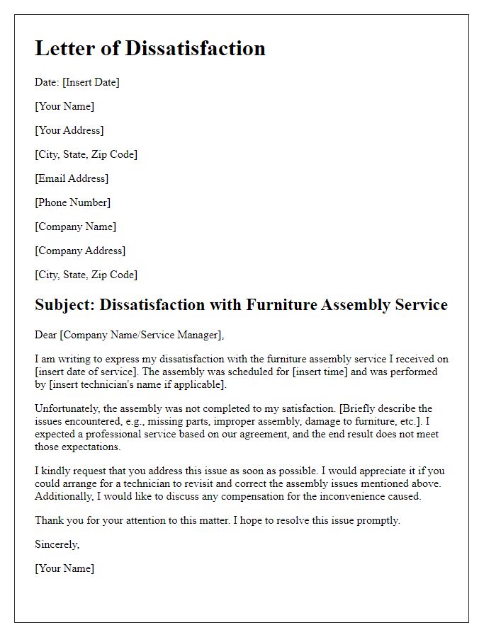 Letter template of dissatisfaction with furniture assembly service