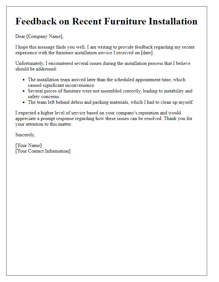 Letter template of feedback on poor furniture installation experience