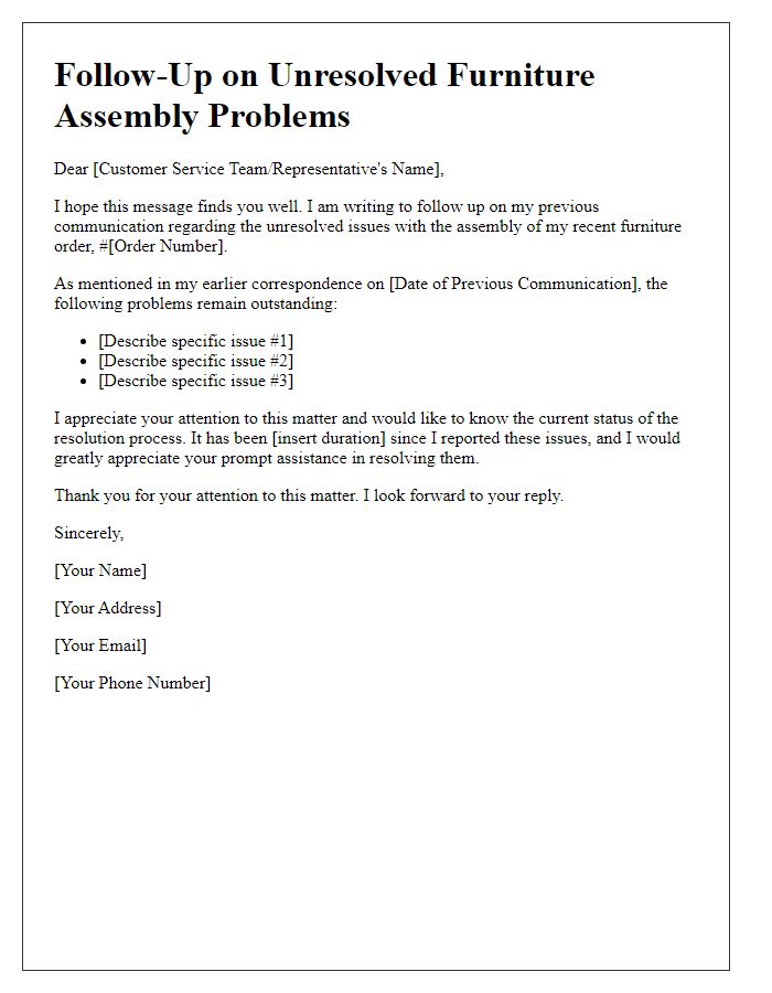 Letter template of follow-up on unresolved furniture assembly problems