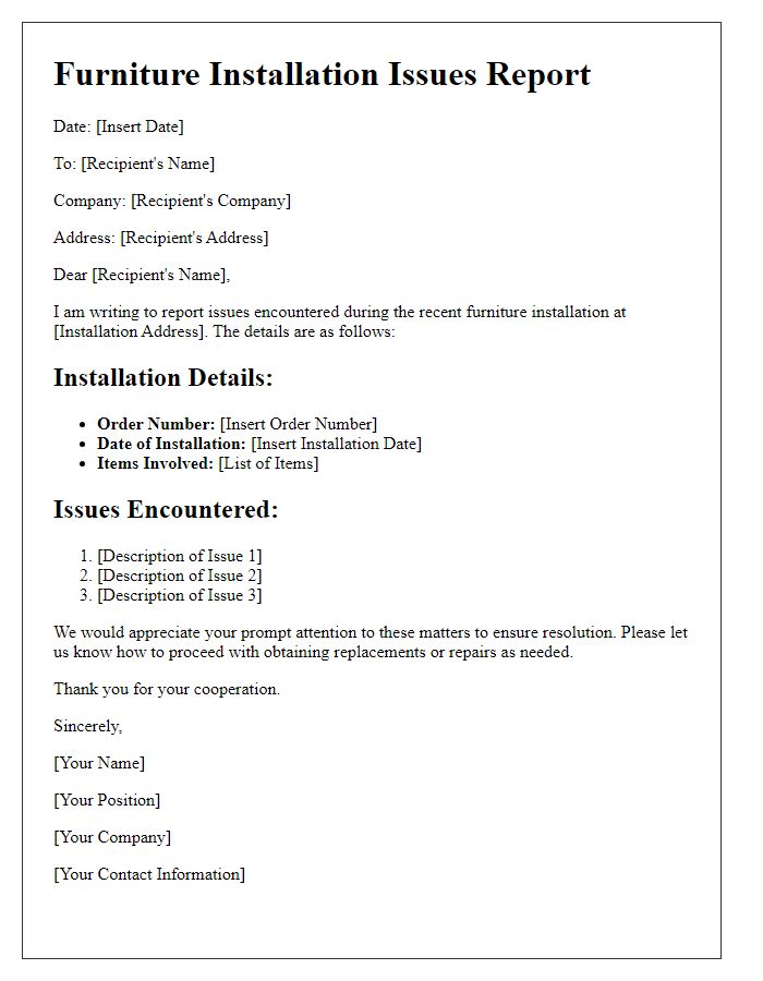 Letter template of furniture installation issues report