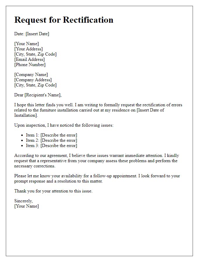 Letter template of request for rectification of furniture installation errors