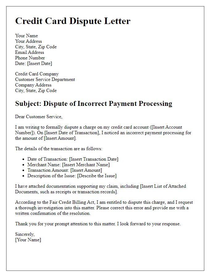 Letter template of credit card dispute about incorrect payment processing