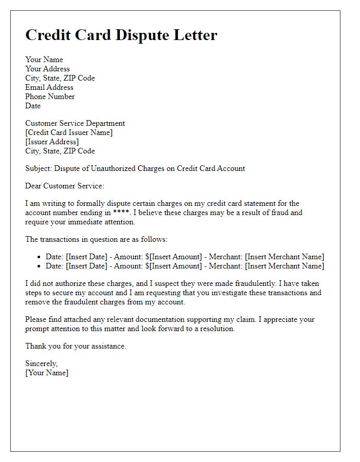 Letter template of credit card dispute for fraud detection concerns