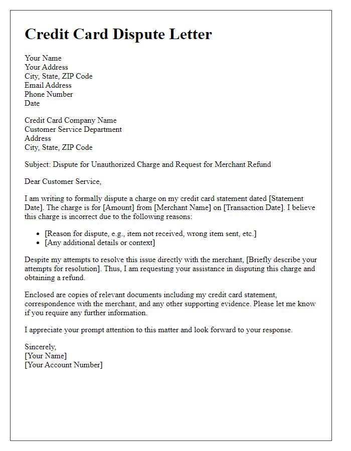 Letter template of credit card dispute for merchant refund issues