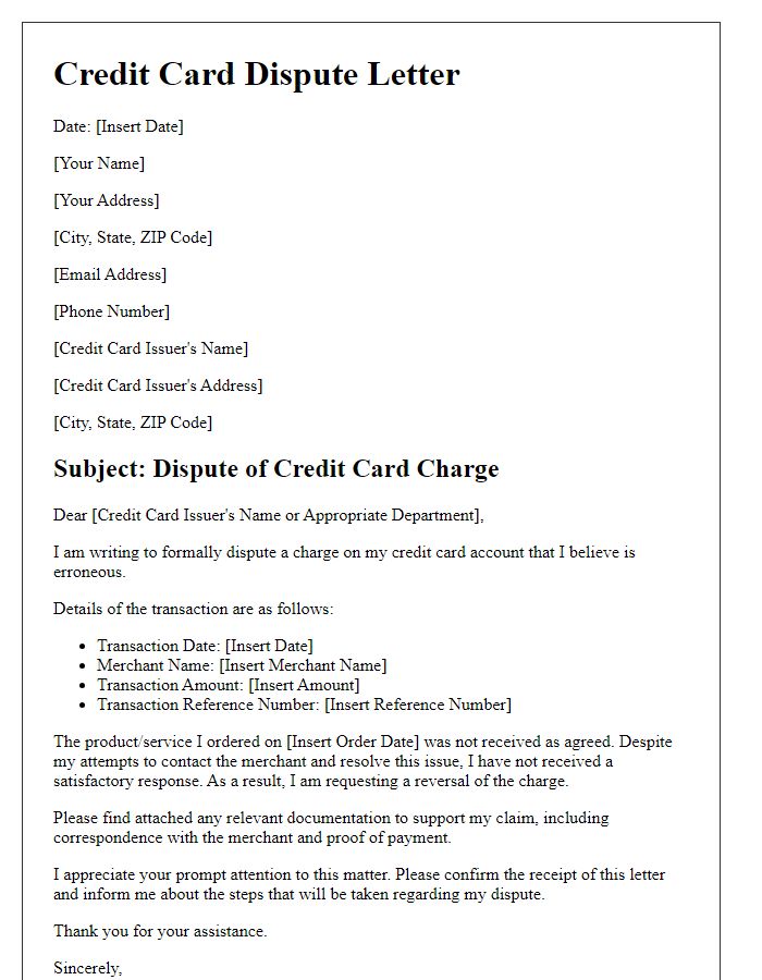 Letter template of credit card dispute over product/service not received