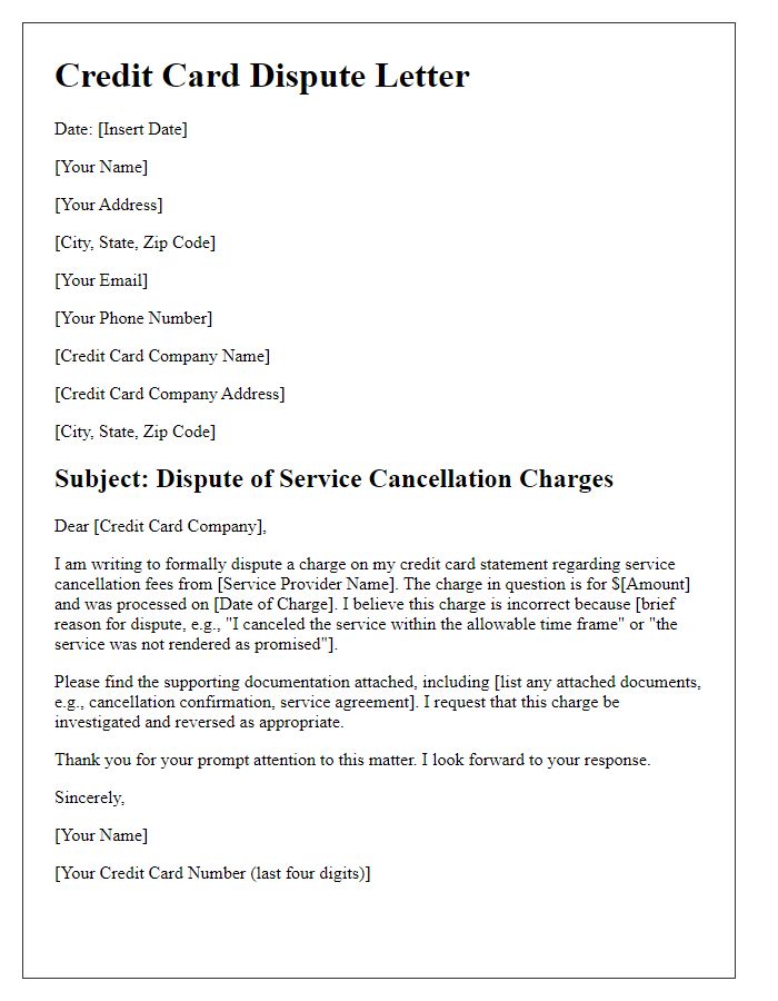 Letter template of credit card dispute over service cancellation charges