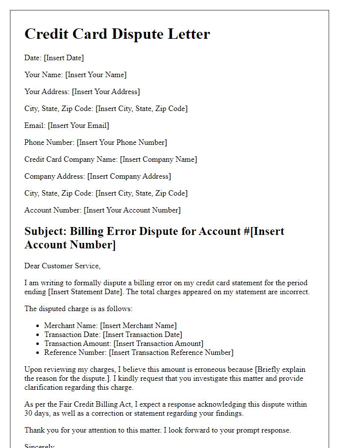 Letter template of credit card dispute regarding billing errors