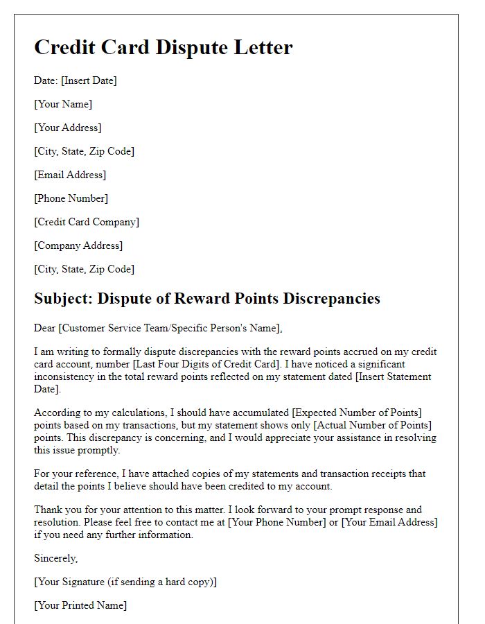 Letter template of credit card dispute for reward points discrepancies