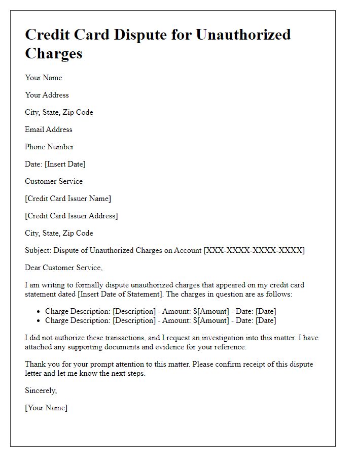 Letter template of credit card dispute for unauthorized charges