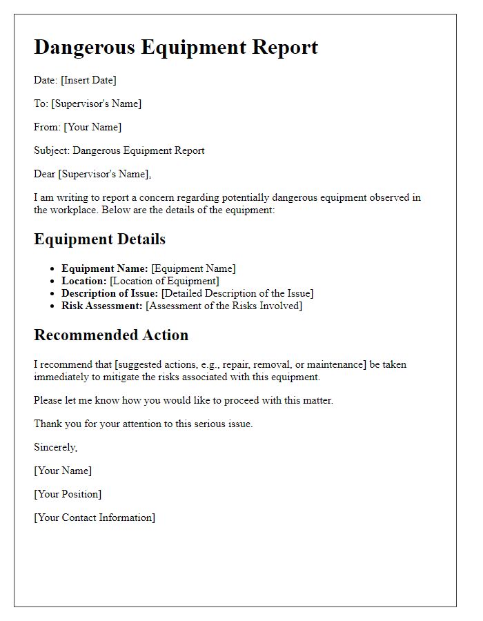 Letter template of dangerous equipment report