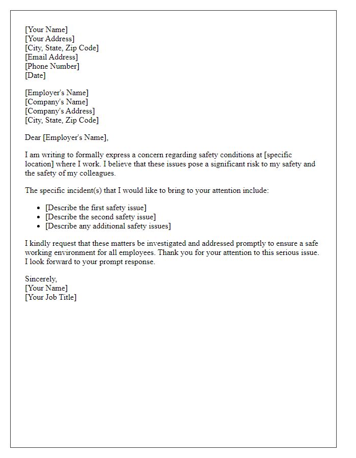 Letter template of employee safety complaint