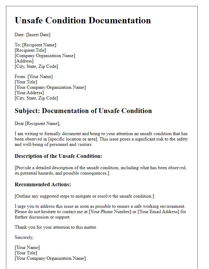 Letter template of unsafe condition documentation