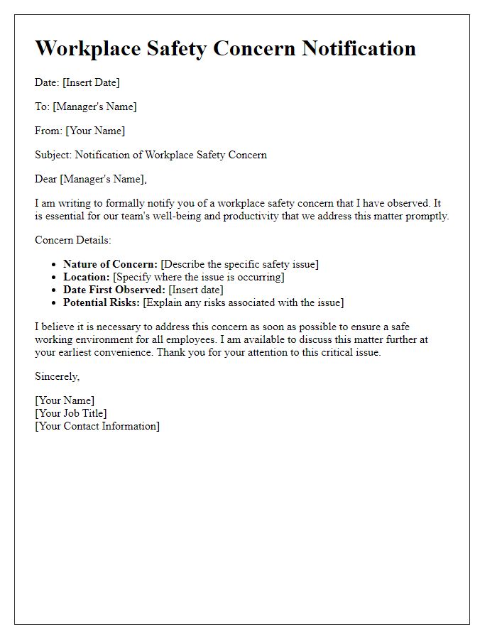 Letter template of workplace safety concern notification