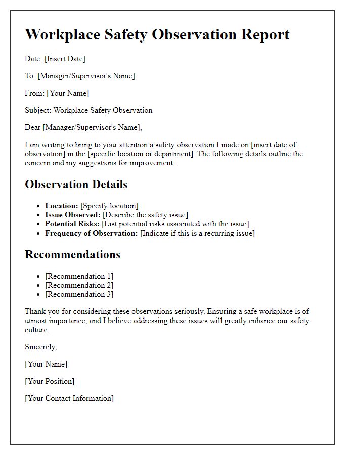 Letter template of workplace safety observation