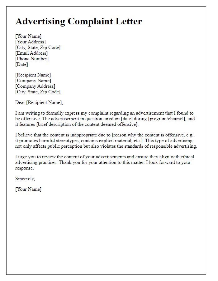 Letter template of advertising complaint regarding offensive content