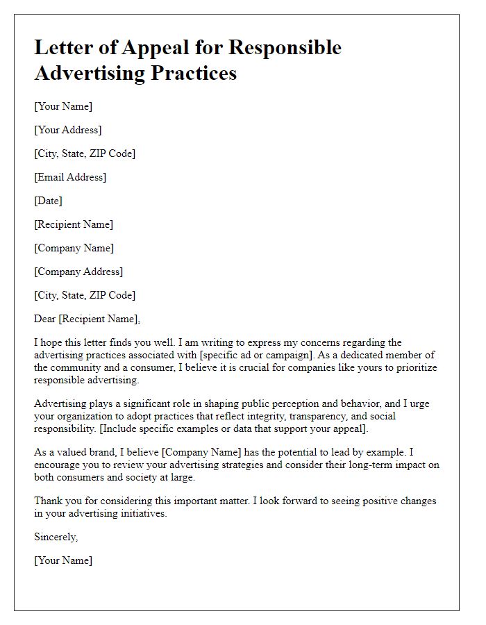 Letter template of appeal for responsible advertising practices