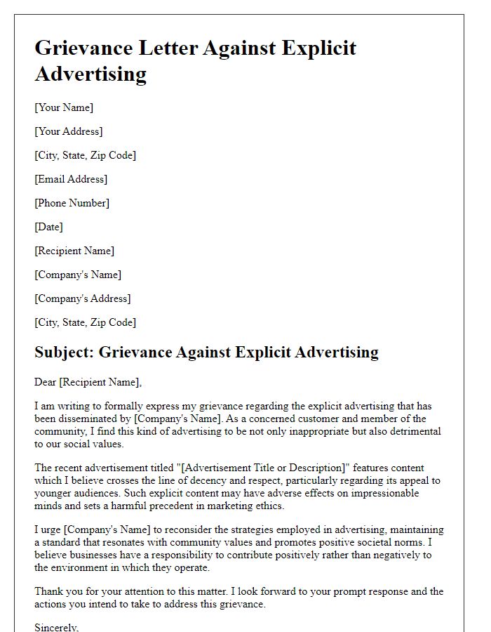 Letter template of grievance against explicit advertising