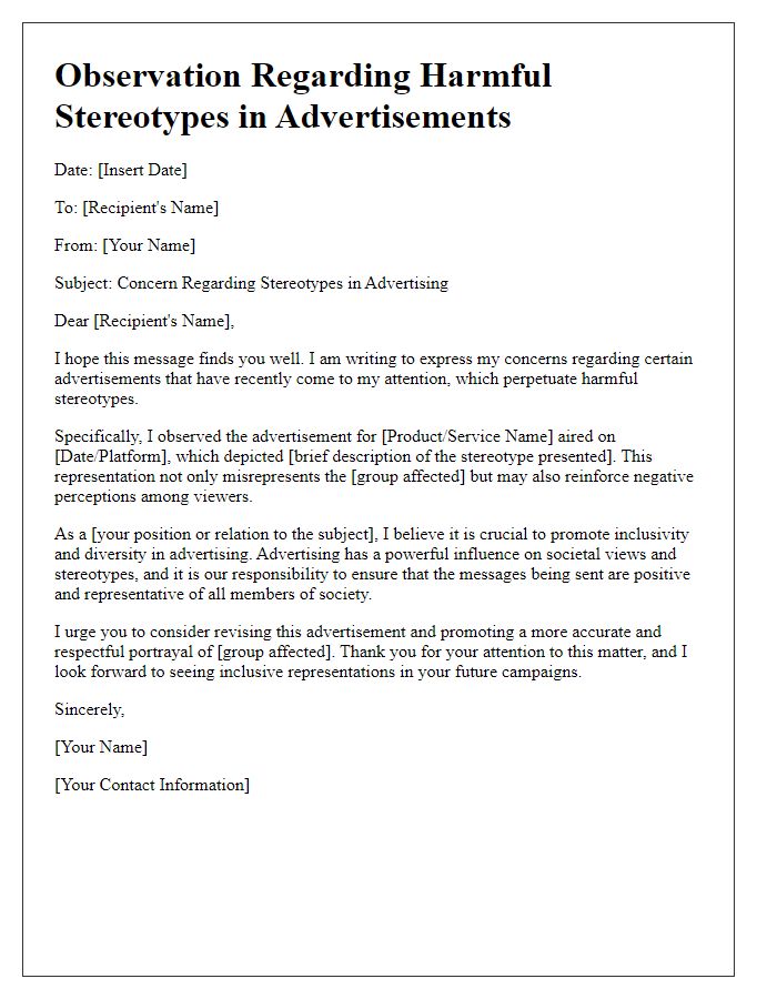 Letter template of observation regarding harmful stereotypes in ads