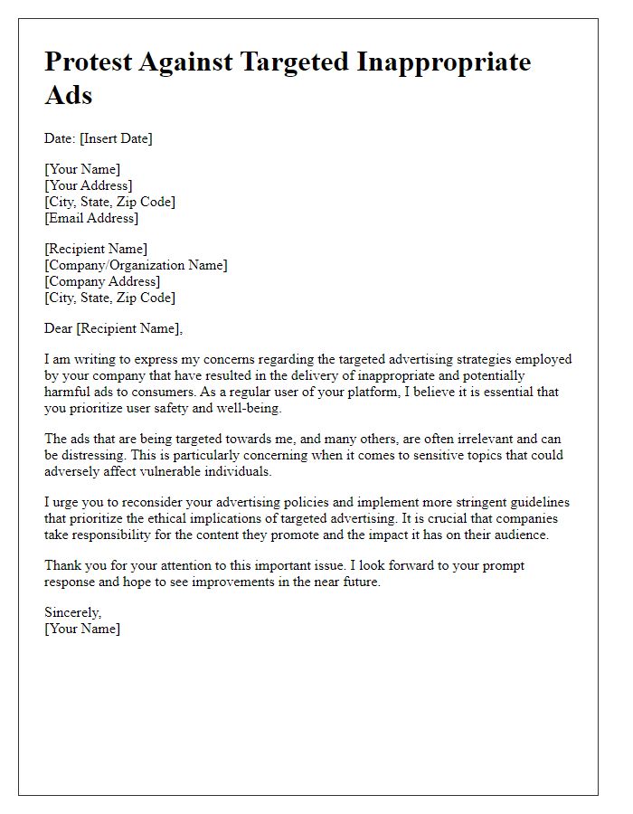 Letter template of protest against targeted inappropriate ads