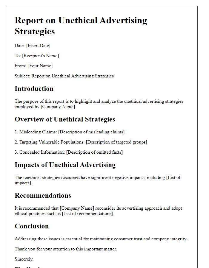 Letter template of report on unethical advertising strategies