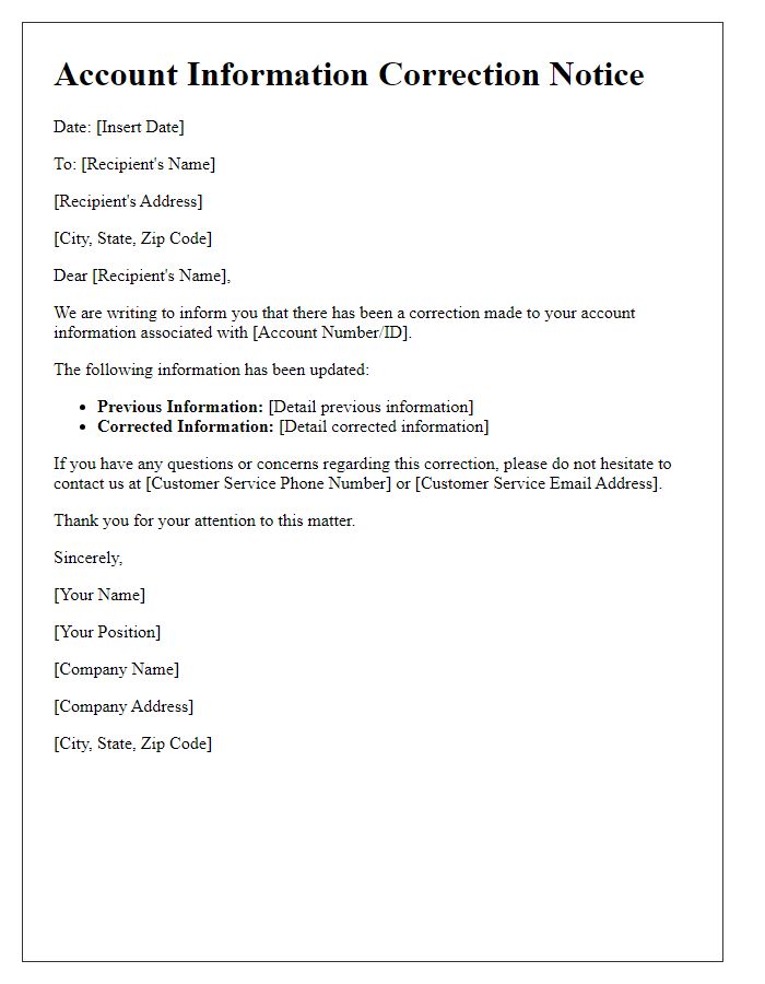 Letter template of account information correction notice