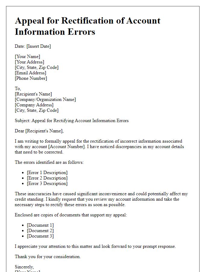 Letter template of appeal for rectifying account information errors