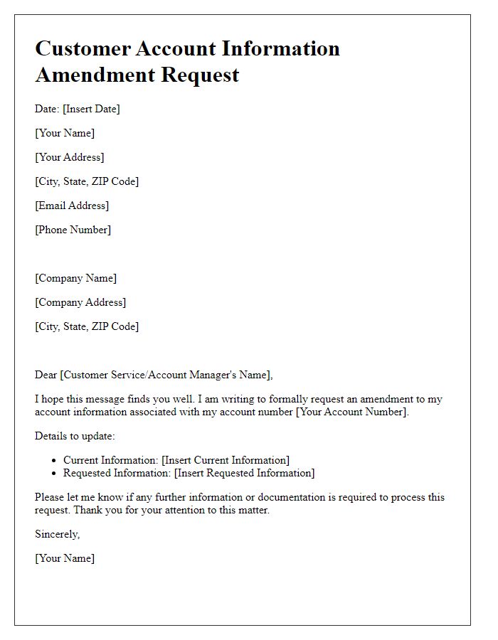 Letter template of customer account information amendment request