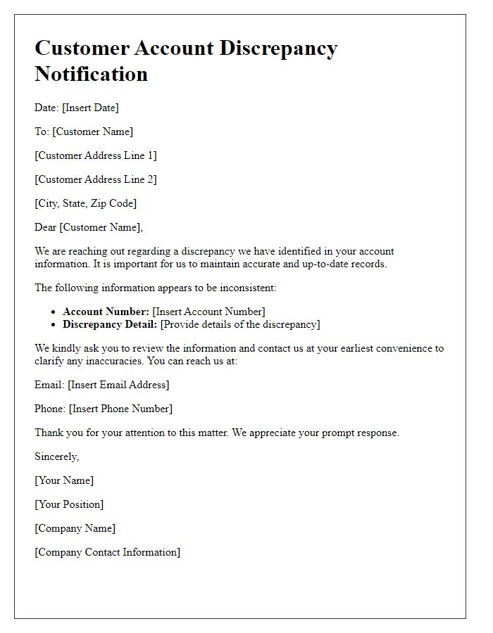 Letter template of discrepancy in customer account information