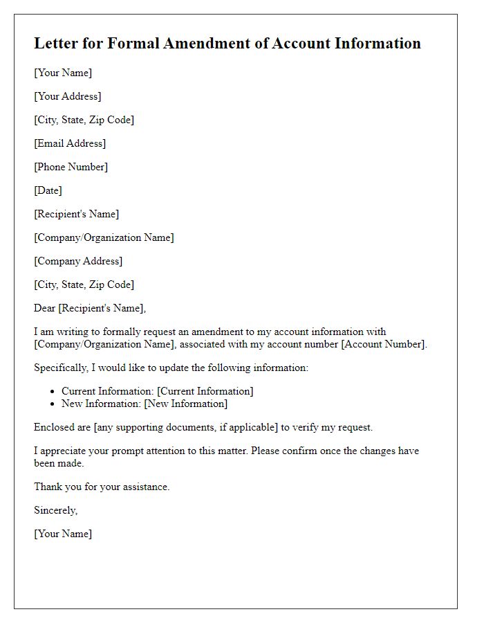 Letter template of formal amendment of account information