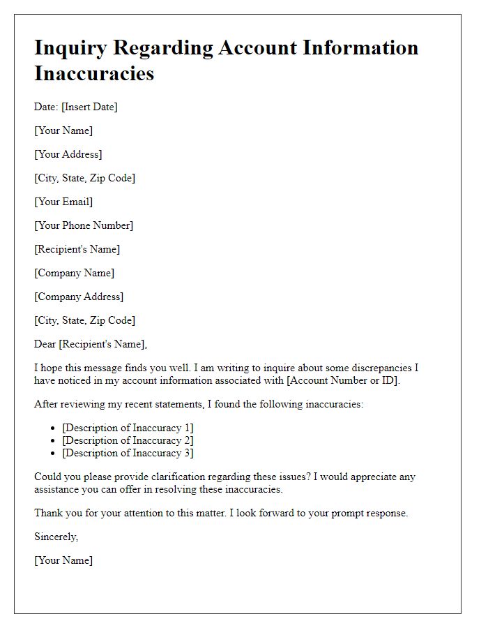 Letter template of inquiry regarding account information inaccuracies