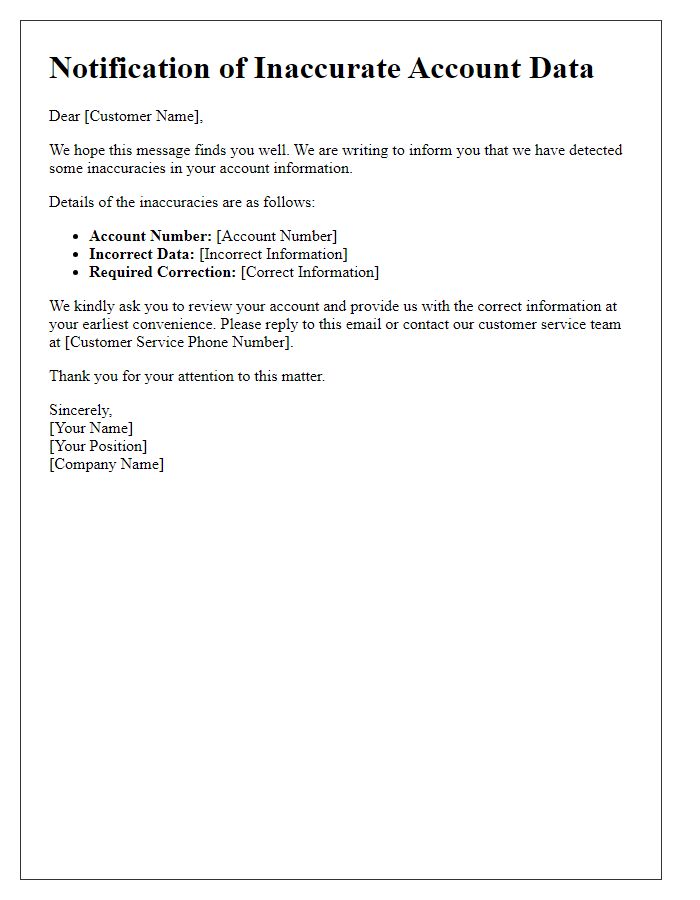 Letter template of notification for inaccurate customer account data