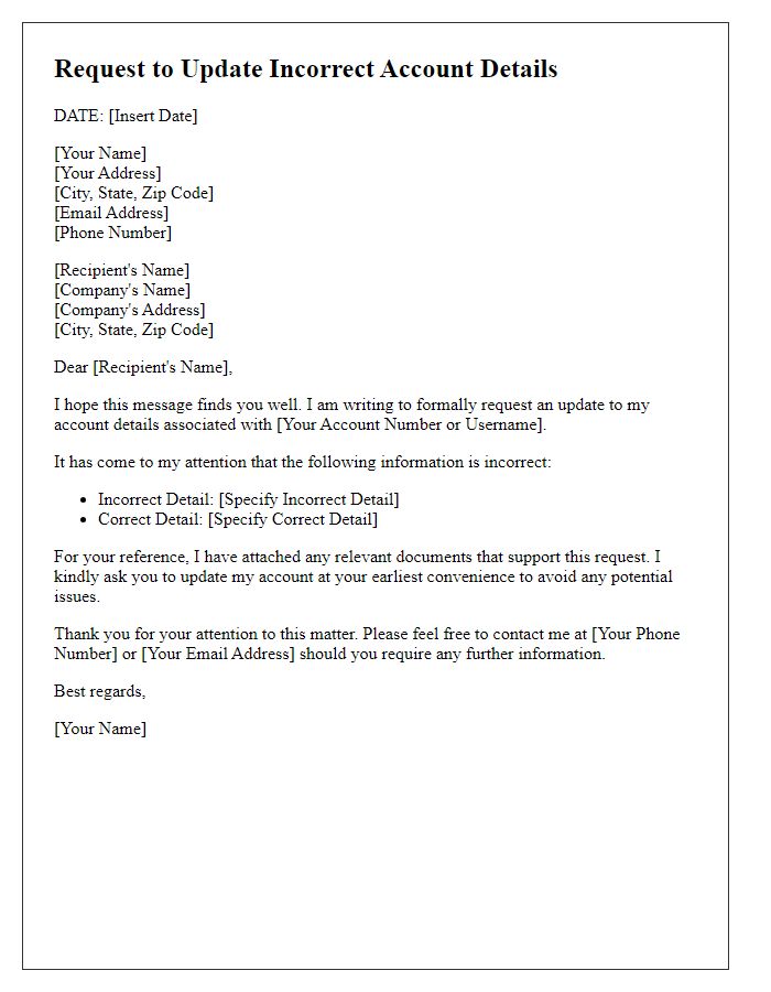 Letter template of request to update incorrect account details