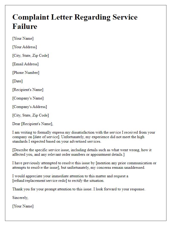 Letter template of complaint regarding service failure