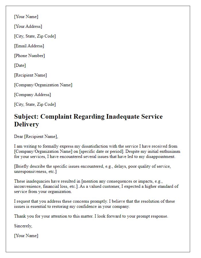 Letter template of inadequate service delivery