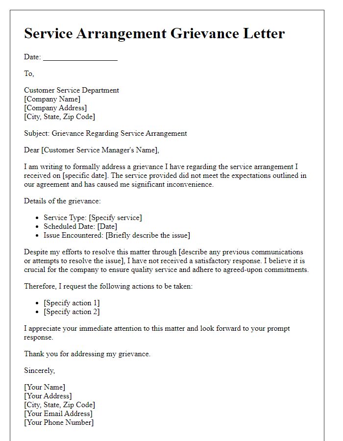 Letter template of service arrangement grievance