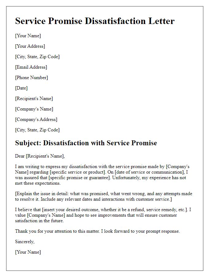 Letter template of service promise dissatisfaction