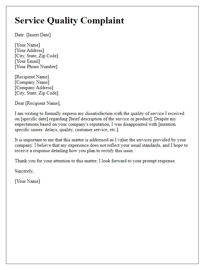 Letter template of service quality complaint