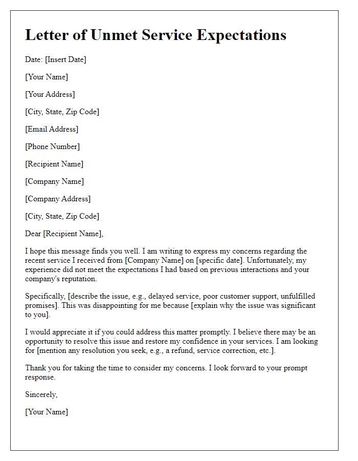 Letter template of unmet service expectations
