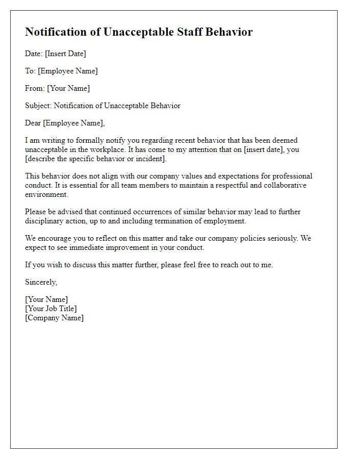 Letter template of notification regarding unacceptable staff behavior