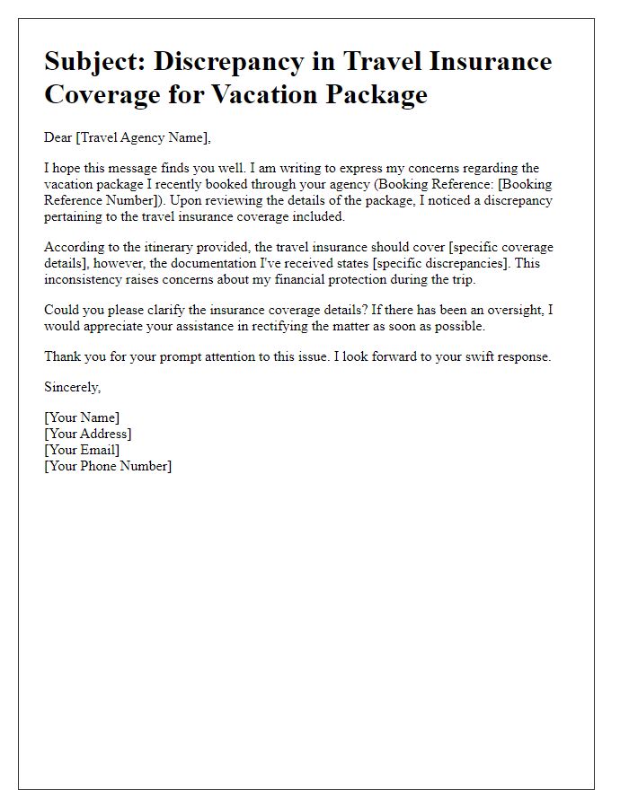 Letter template of vacation package discrepancy about travel insurance coverage.