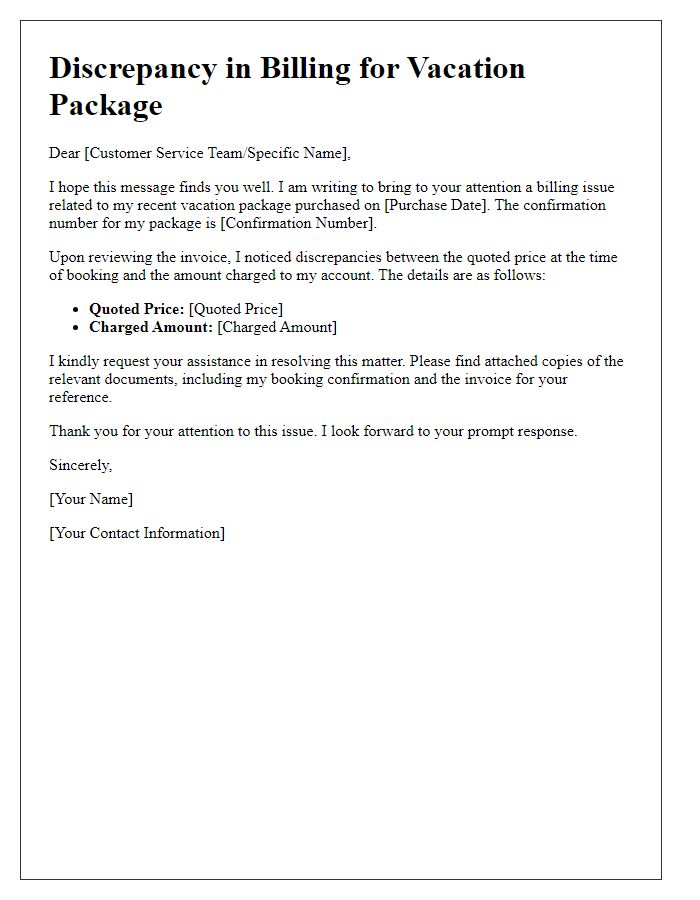 Letter template of vacation package discrepancy regarding billing issues.