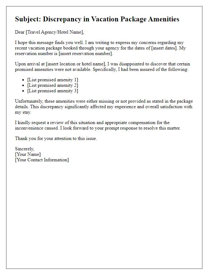 Letter template of vacation package discrepancy regarding promised amenities.