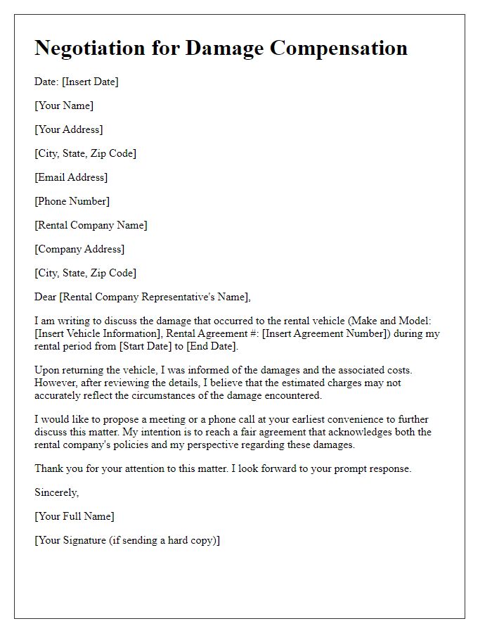 Letter template of automobile rental damage compensation negotiation