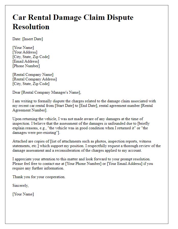 Letter template of car rental damage claim dispute resolution