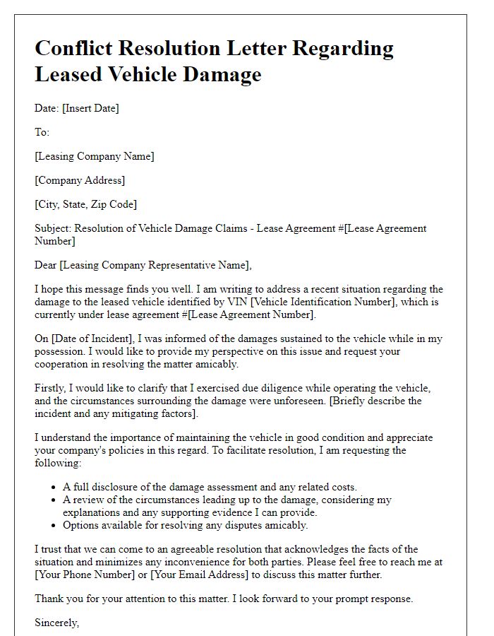 Letter template of leased vehicle damage conflict resolution