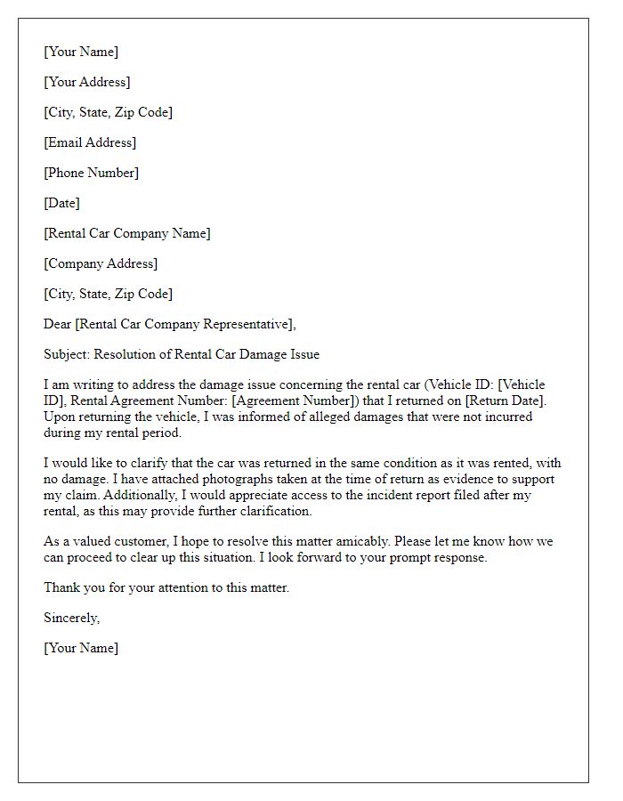 Letter template of rental car damage issue resolution